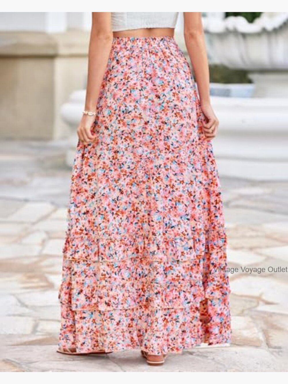 Maxi Skirt with Elastic Waist Floral A-Line Ruffle Tiered Wedding Guest - Picture 5 of 7
